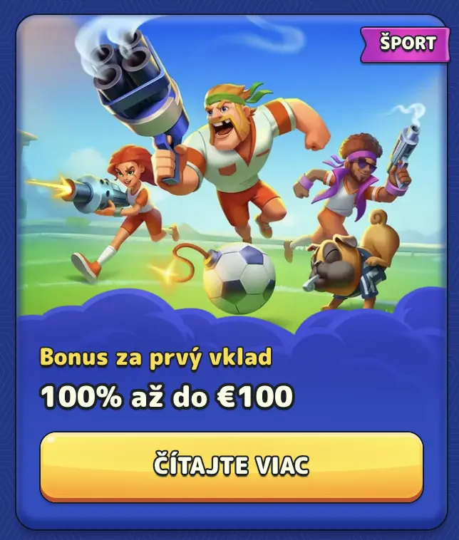 Pistolo Šport uvítací bonus – Získajte 100 % až do €100 pri prvom vklade. Športový tím postáv z Pistolo Casino beží po ihrisku so zbraňami a futbalovou loptou, znázorňujúc uvítací športový bonus.